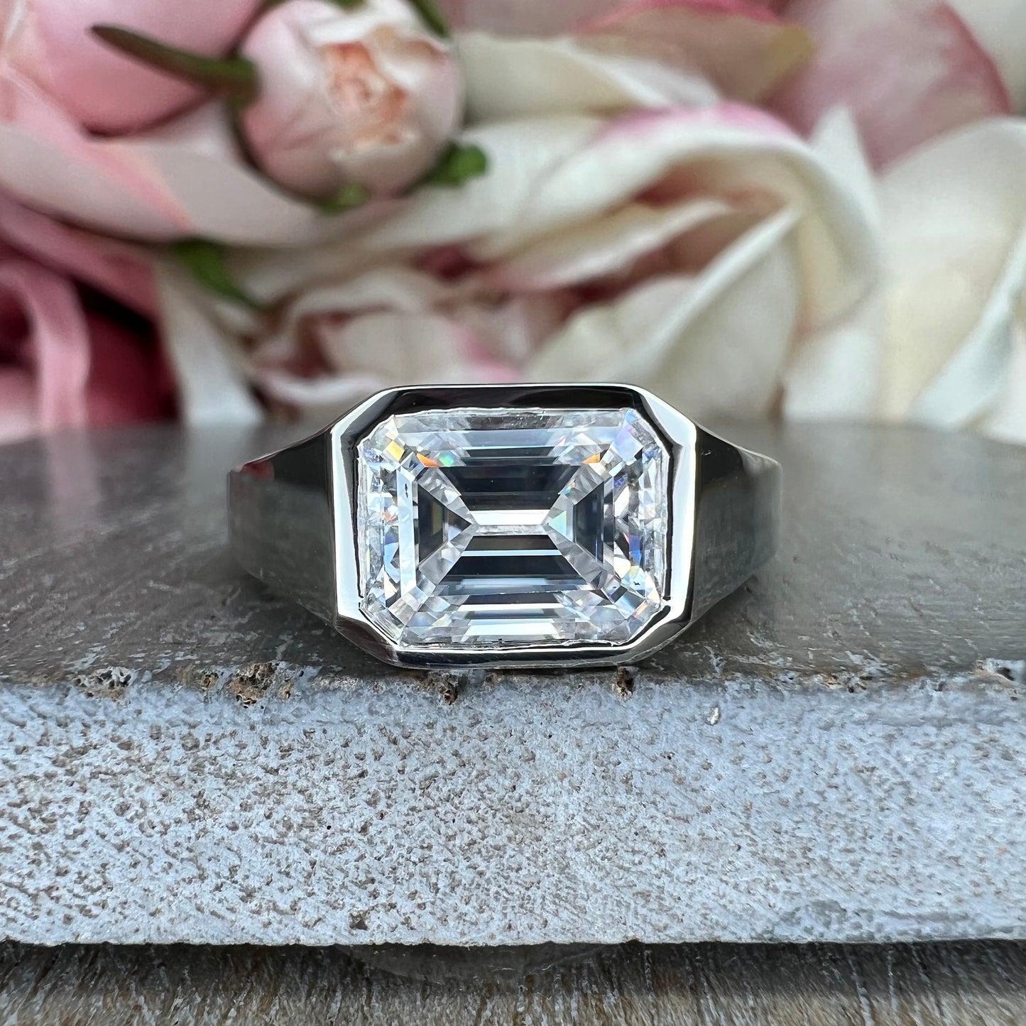Mens moissanite diamond wedding ring 14k white gold, unique moissanite mens ring, emerald cut mens anniversary gift, mans band ring,   #7495