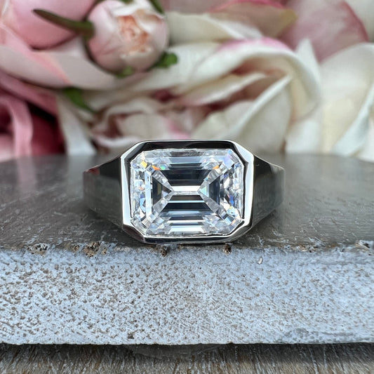 Mens moissanite diamond wedding ring 14k white gold, unique moissanite mens ring, emerald cut mens anniversary gift, mans band ring,   #7495