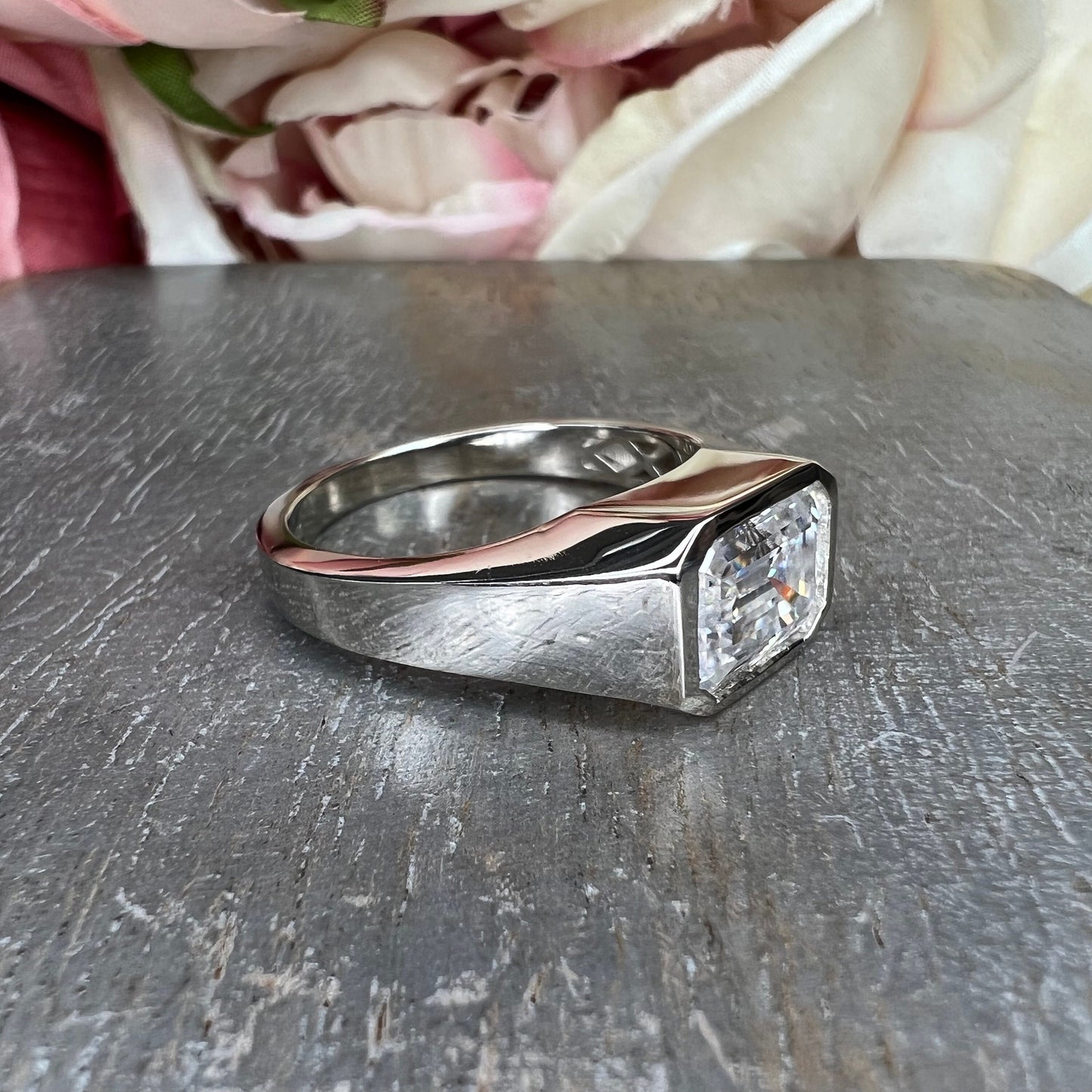 Mens moissanite diamond wedding ring 14k white gold, unique moissanite mens ring, emerald cut mens anniversary gift, mans band ring,   #7495