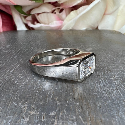 Mens moissanite diamond wedding ring 14k white gold, unique moissanite mens ring, emerald cut mens anniversary gift, mans band ring,   #7495