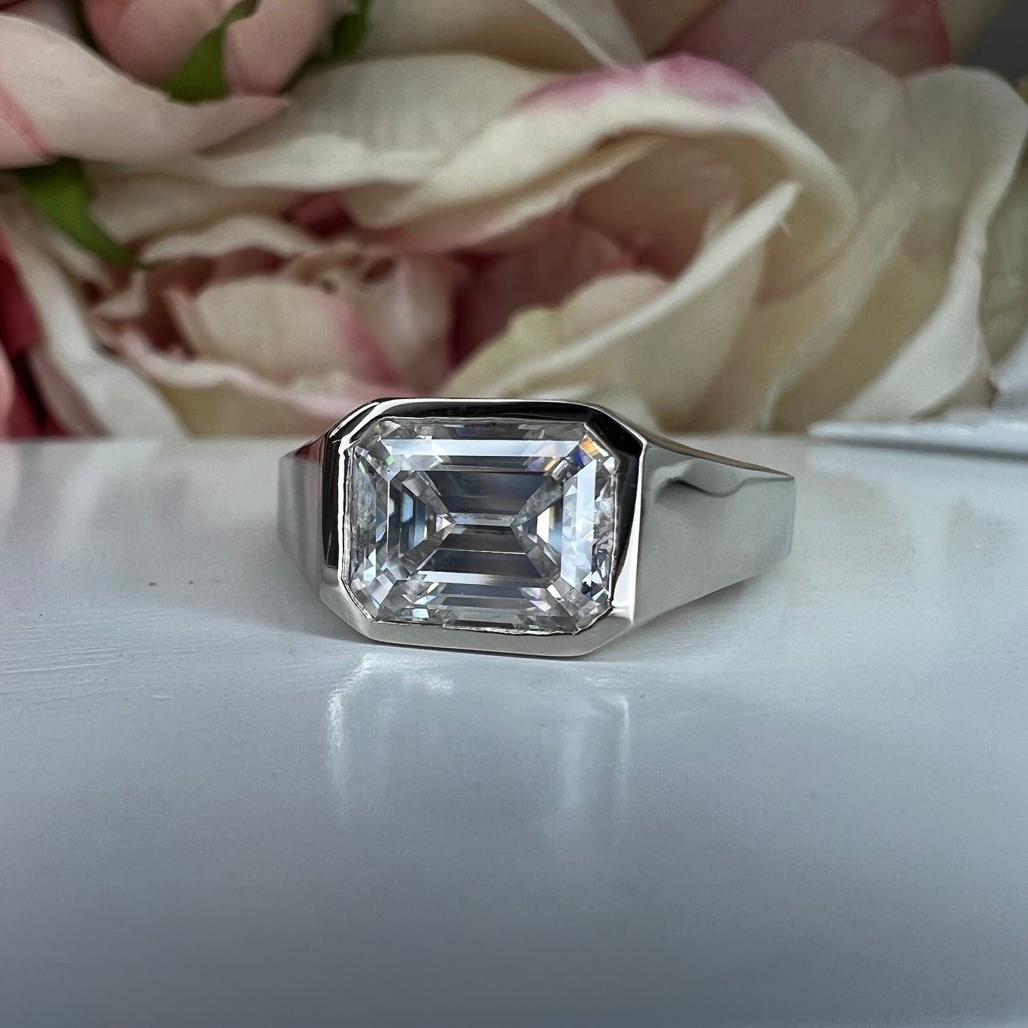 Mens moissanite diamond wedding ring 14k white gold, unique moissanite mens ring, emerald cut mens anniversary gift, mans band ring,   #7495