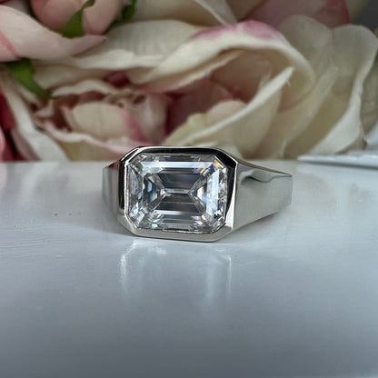 Mens moissanite diamond wedding ring 14k white gold, unique moissanite mens ring, emerald cut mens anniversary gift, mans band ring,   #7495