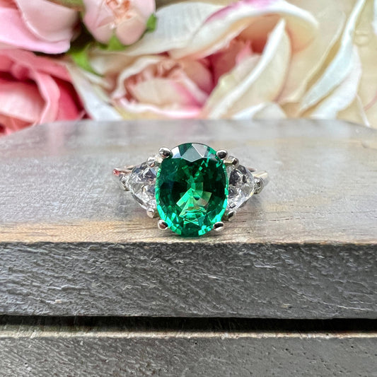 Three stone oval Emerald Ring Emerald Engagement Ring,Solitaire Ring Plain Band 14k White Gold,Promise Ring,May Birthstone Ring Gifts #7482