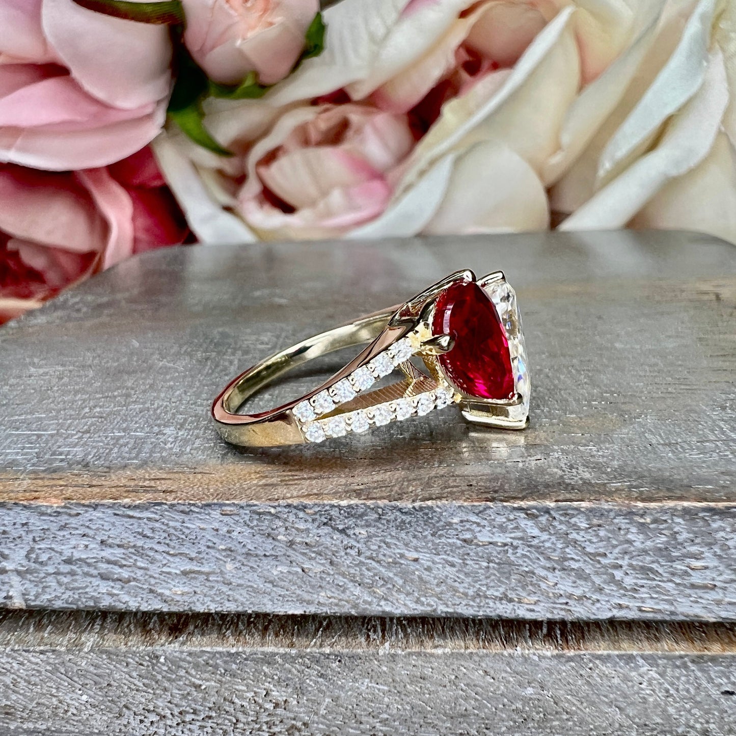 Toi Et Moi Ring Pear Ruby and Moissanite Pear Shape Ring Yellow Gold Engagement Ring Unique Two Stone Vintage Promise Anniversary Ring #7483