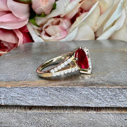 Toi Et Moi Ring Pear Ruby and Moissanite Pear Shape Ring Yellow Gold Engagement Ring Unique Two Stone Vintage Promise Anniversary Ring #7483
