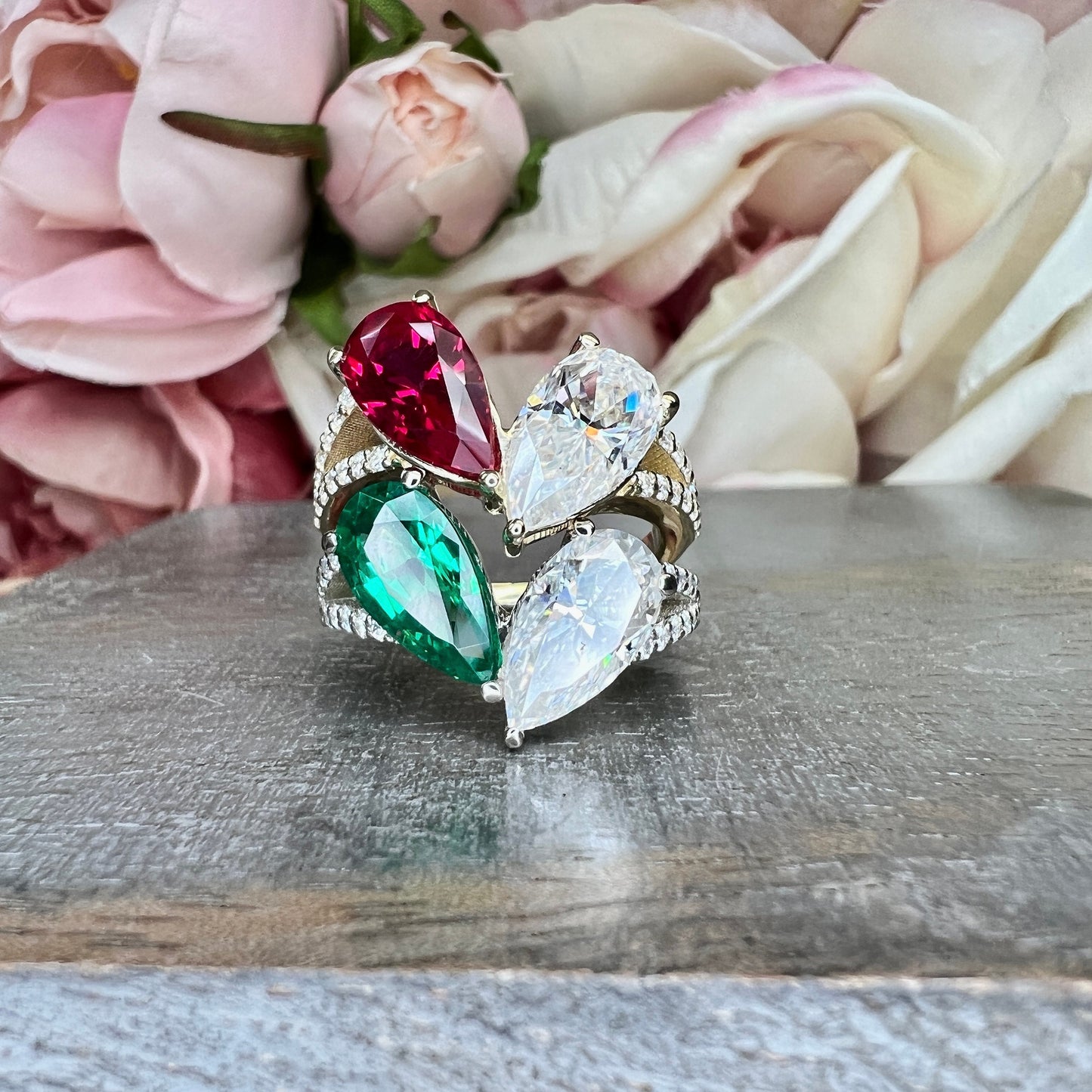 Toi Et Moi Ring Pear Ruby and Moissanite Pear Shape Ring Yellow Gold Engagement Ring Unique Two Stone Vintage Promise Anniversary Ring #7483