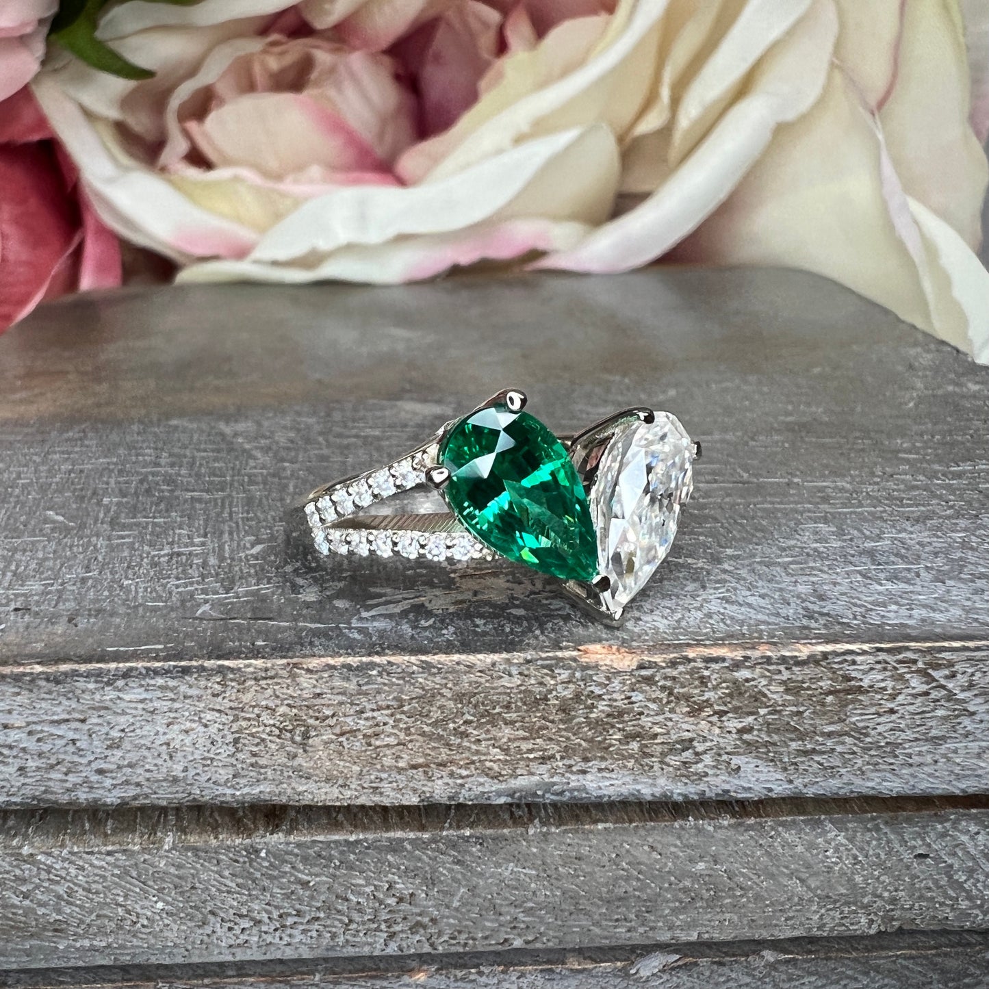 Toi Et Moi Ring Pear Emerald and Moissanite Engagement Ring Yellow Gold,  Unique Two Stone Vintage Promise Anniversary Wedding Rings,  #7483