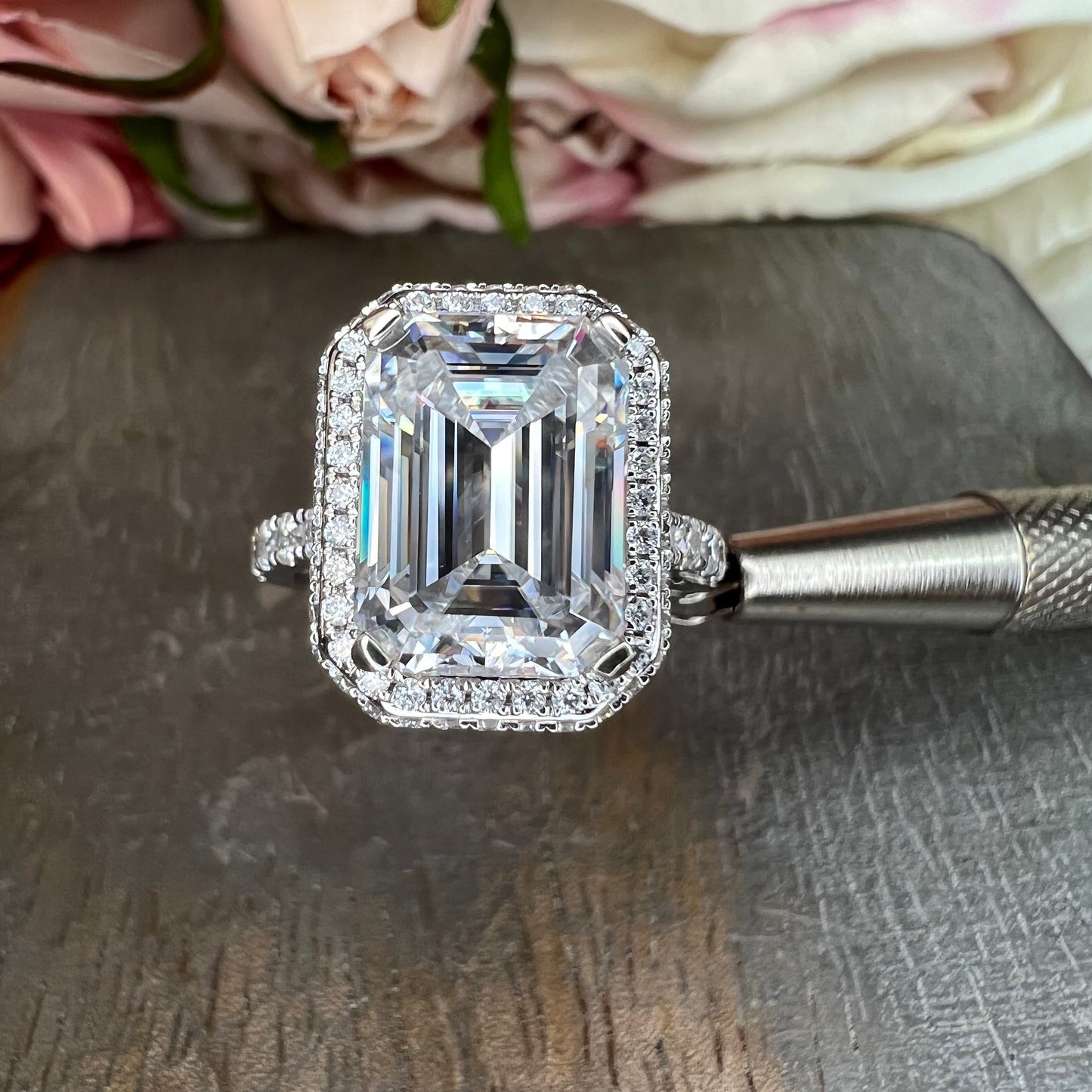 Emerald cut Moissanite engagement ring set 14k white gold Unique Art deco Cluster engagement ring vintage Bridal Anniversary ring  #7499