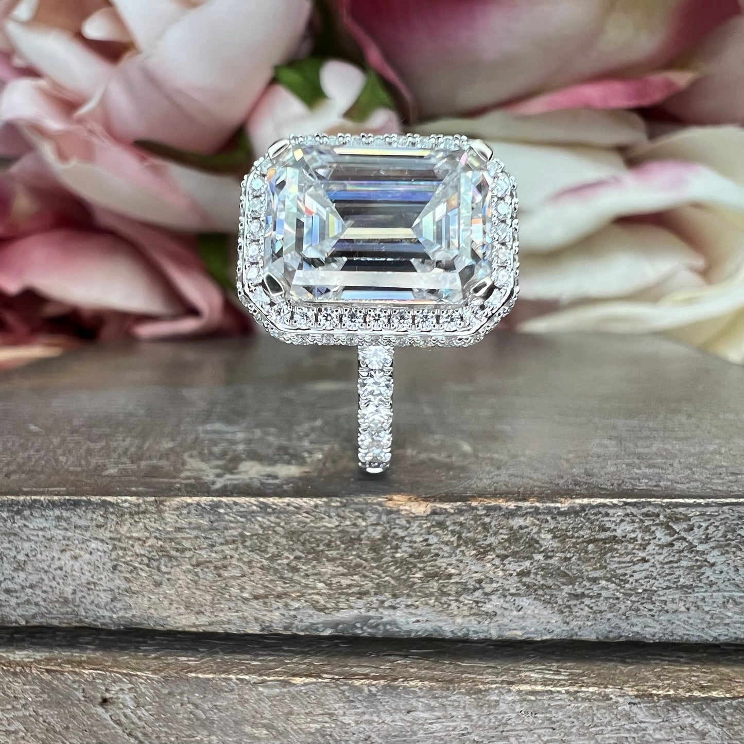 Emerald cut Moissanite engagement ring set 14k white gold Unique Art deco Cluster engagement ring vintage Bridal Anniversary ring  #7499