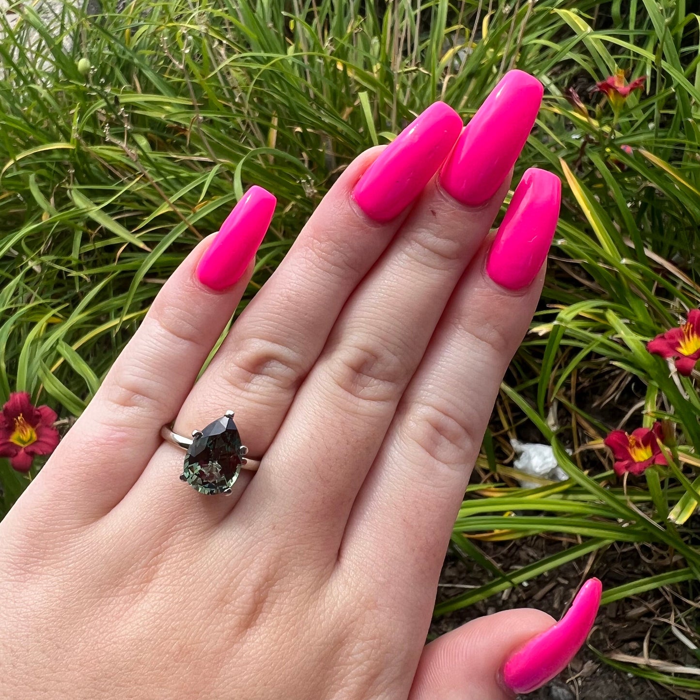 Pear Shaped, green sapphire engagement ring 14k white gold, Pear solitaire wedding ring, Single Stone pear shape white sapphire rings  #7501