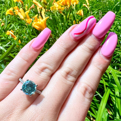 Neon Blue Paraiba Round Engagement Ring, 14k Solid Gold Paraiba and Moissanite Engagement Rings, Ladies Ring #6368
