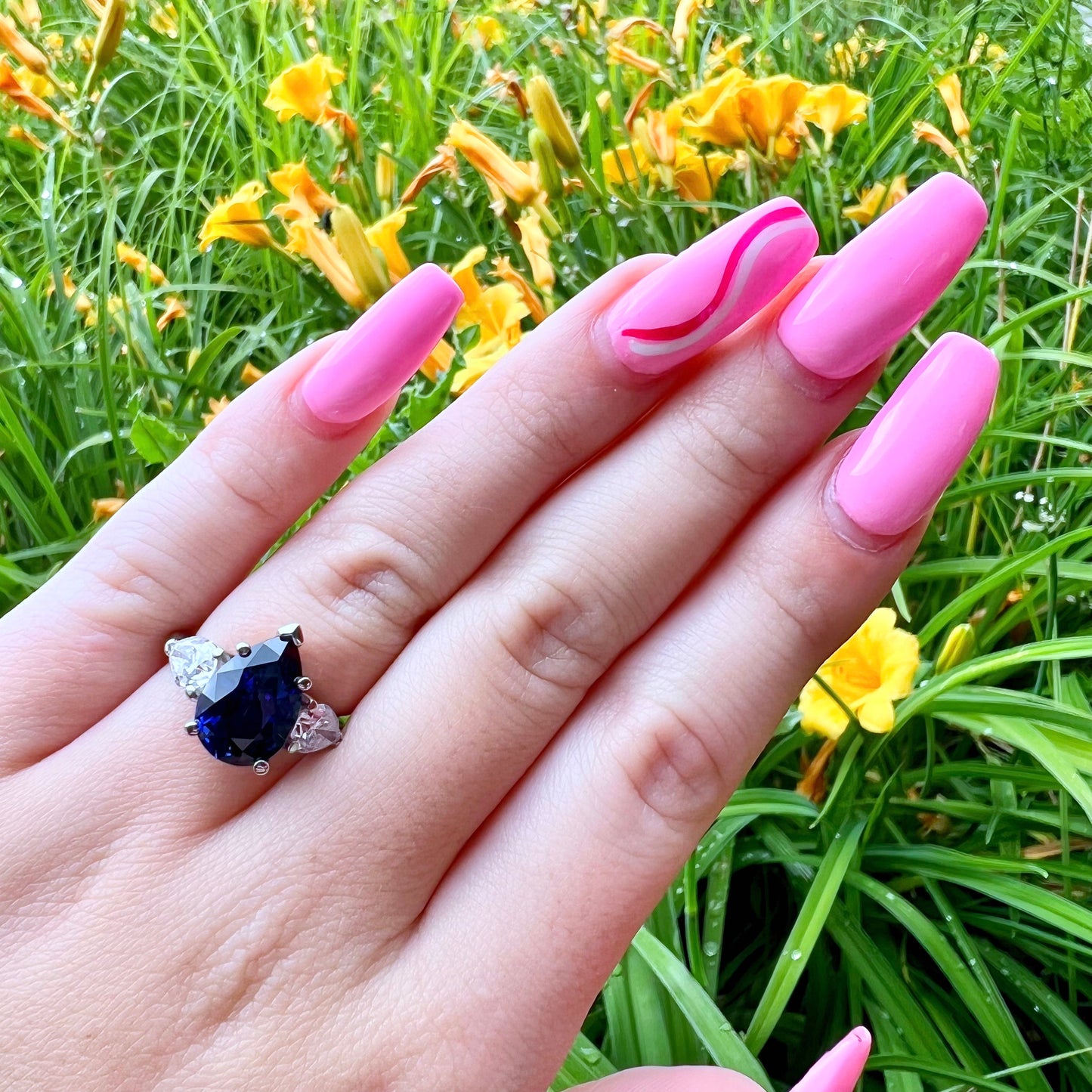 Pear shaped Blue Sapphire and Moissanite Engagement Ring White Gold, September Birthstone Ring, Three Stone Blue Sapphire Promise Ring #7486