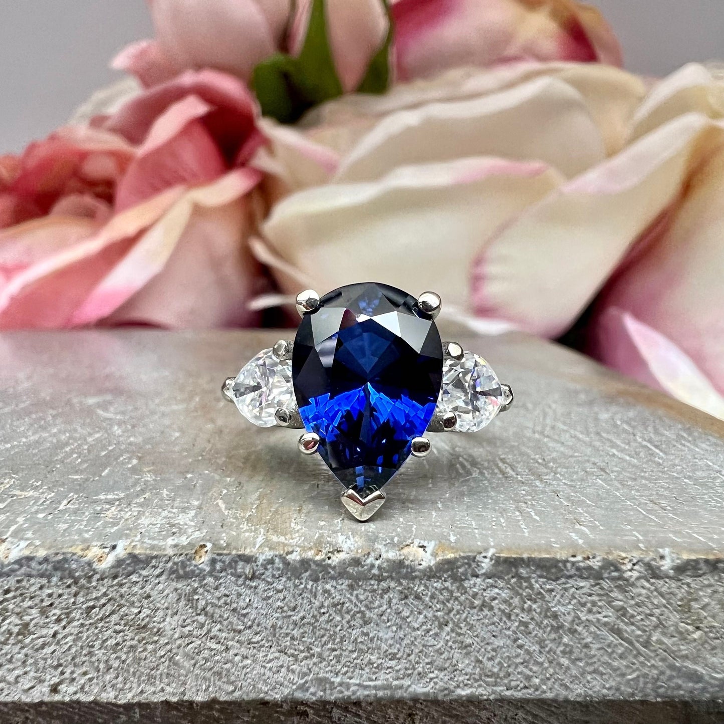 Pear shaped Blue Sapphire and Moissanite Engagement Ring White Gold, September Birthstone Ring, Three Stone Blue Sapphire Promise Ring #7486