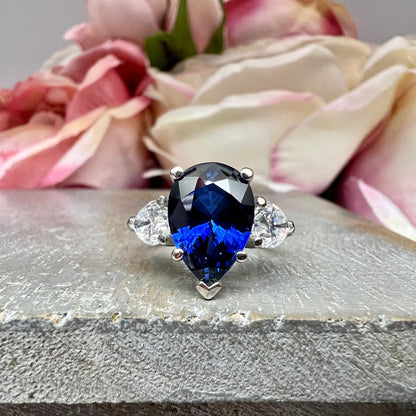 Pear shaped Blue Sapphire and Moissanite Engagement Ring White Gold, September Birthstone Ring, Three Stone Blue Sapphire Promise Ring #7486