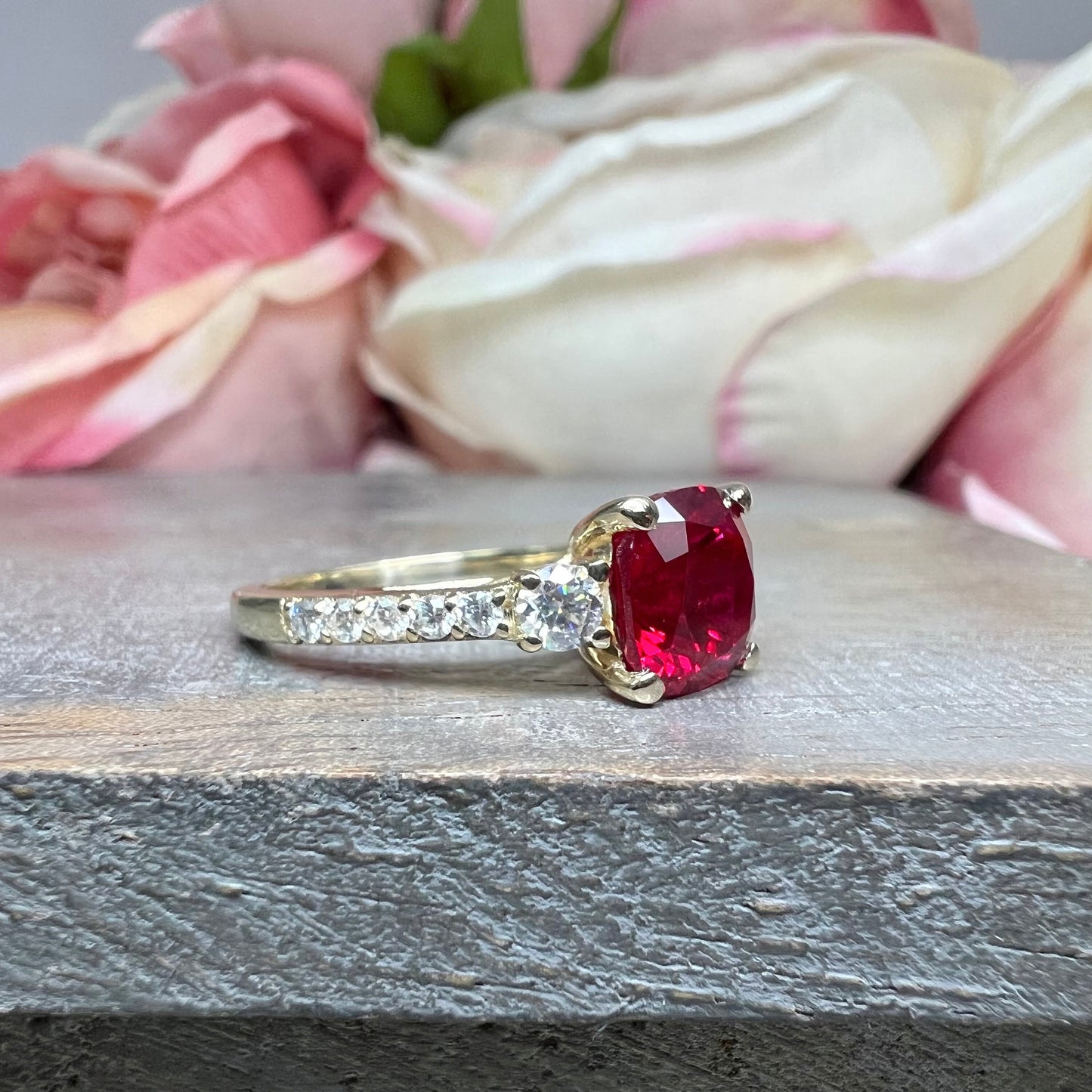 Cushion Cut Ruby With Moissanite Engagement Ring 14K Yellow Gold, Three Stone Cushion Shaped Ruby Engagement Ring, July Birthstone Ring 7489