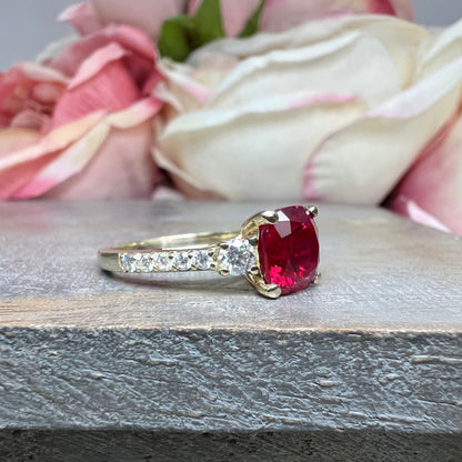Cushion Cut Ruby With Moissanite Engagement Ring 14K Yellow Gold, Three Stone Cushion Shaped Ruby Engagement Ring, July Birthstone Ring 7489