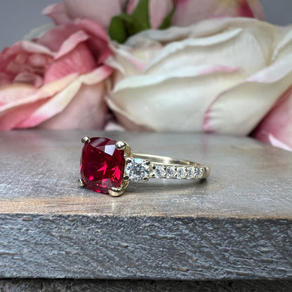 Cushion Cut Ruby With Moissanite Engagement Ring 14K Yellow Gold, Three Stone Cushion Shaped Ruby Engagement Ring, July Birthstone Ring 7489