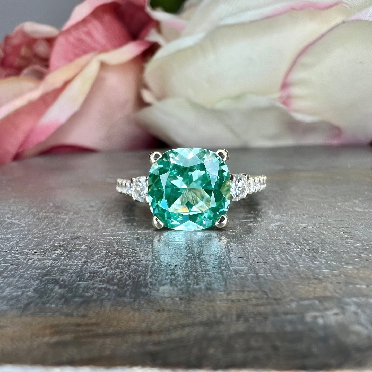 Cushion Cut Green Paraiba With Moissanite Engagement Ring 14K Yellow Gold, Cushion Shaped Vintage Style Green Paraiba Engagement Ring, #7488
