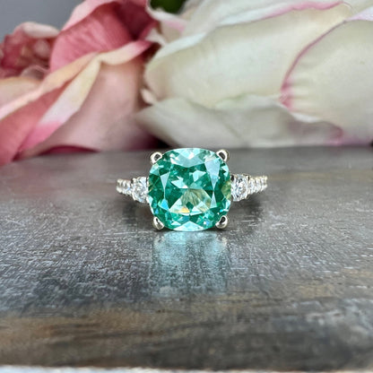 Cushion Cut Green Paraiba With Moissanite Engagement Ring 14K Yellow Gold, Cushion Shaped Vintage Style Green Paraiba Engagement Ring, #7488