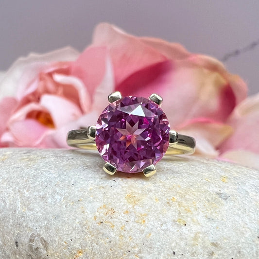 Round Pink Sapphire Engagement Ring 14k Yellow Gold  6 Prong Crown Head Setting, Art Deco engagement ring, Pink Sapphire wedding Ring  #7491