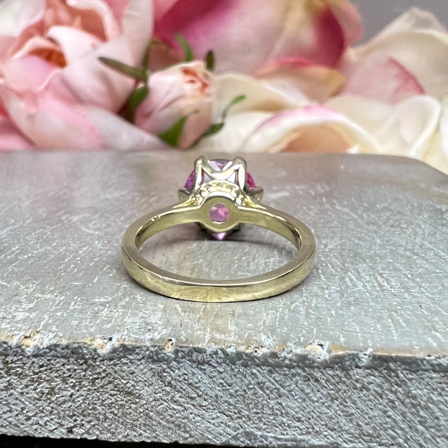 Round Pink Sapphire Engagement Ring 14k Yellow Gold  6 Prong Crown Head Setting, Art Deco engagement ring, Pink Sapphire wedding Ring  #7491
