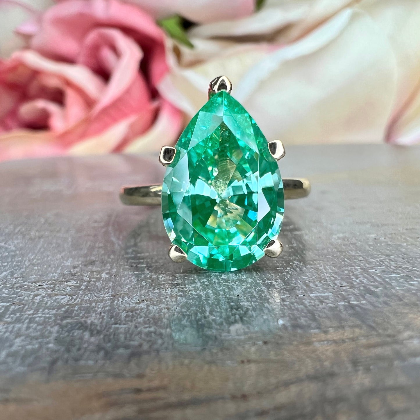 Pear Shaped Paraiba Tourmaline Engagement Ring Yellow Gold  Unique  Green Pear Cut Paraiba Tourmaline Solitaire Wedding Promise Rings  #6330