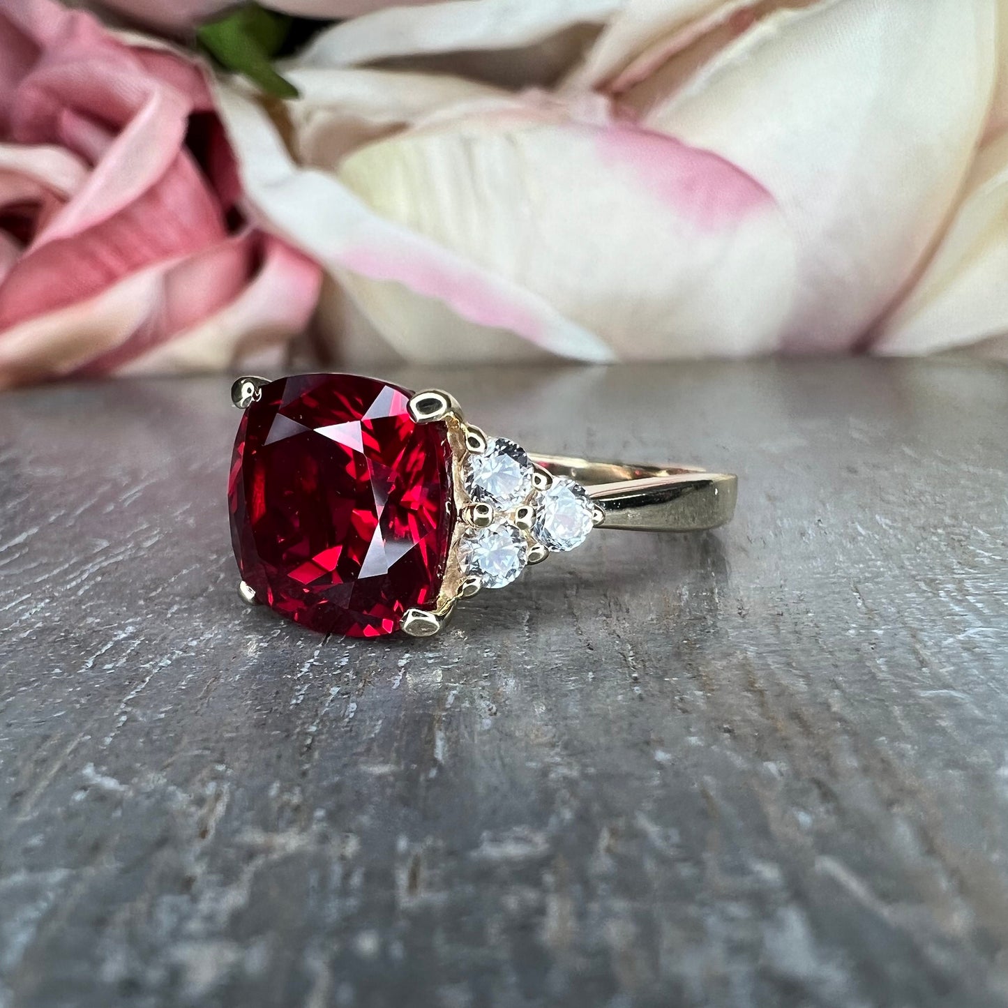 Ruby Cushion Cut And Moissanite Accents Engagement Ring, Ruby And Moissanite 14k Yellow Gold Ring, July Birthstone Ruby Ladies Ring,   #5981