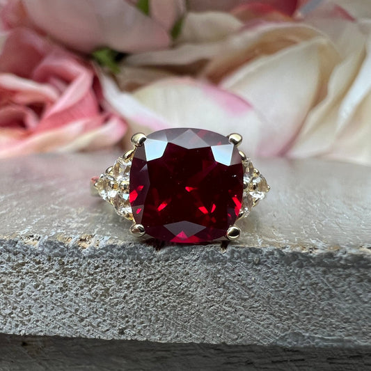 Ruby Cushion Cut And Moissanite Accents Engagement Ring, Ruby And Moissanite 14k Yellow Gold Ring, July Birthstone Ruby Ladies Ring,   #5981