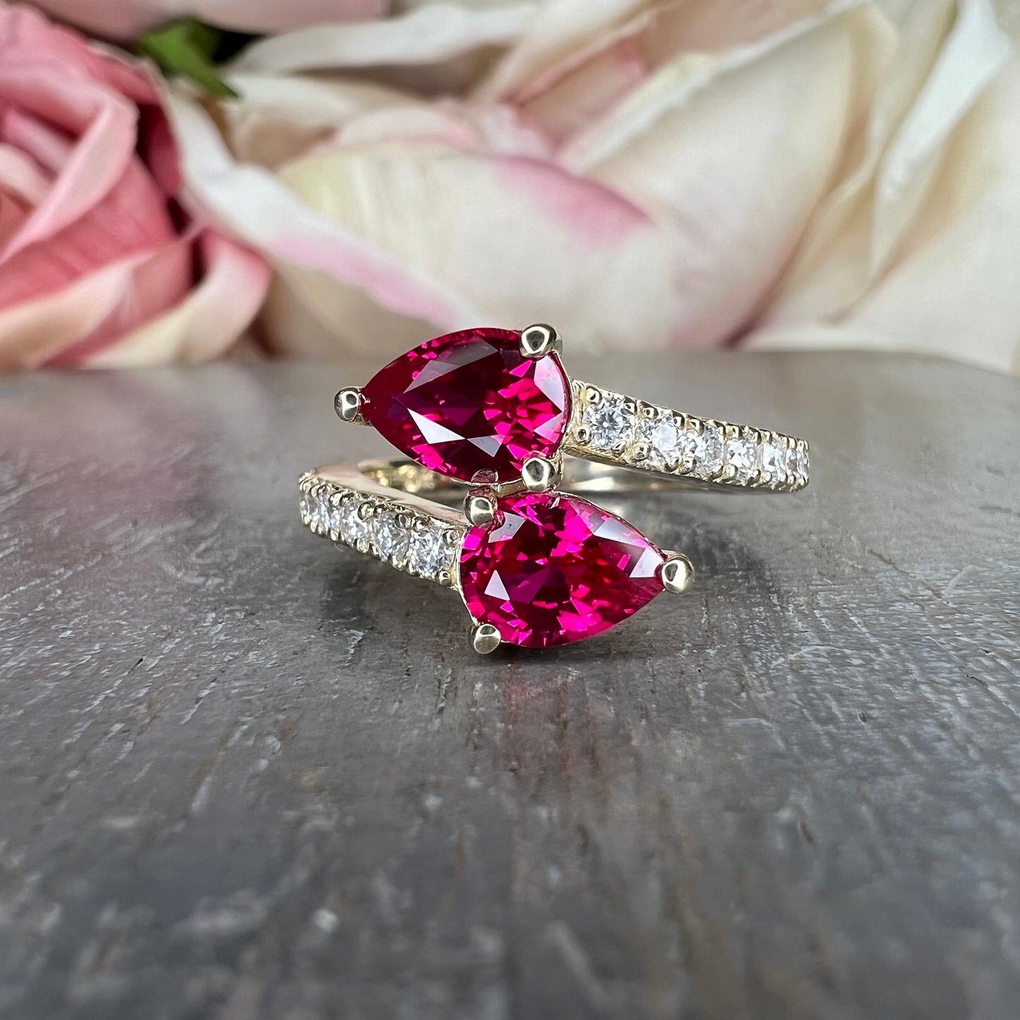 Ruby Pear Shape Bypass Ring Yellow Gold Engagement Ring Toi Et Moi Ruby Pear Anniversary Ring For Women Unique Promise Wedding Rings  #7435