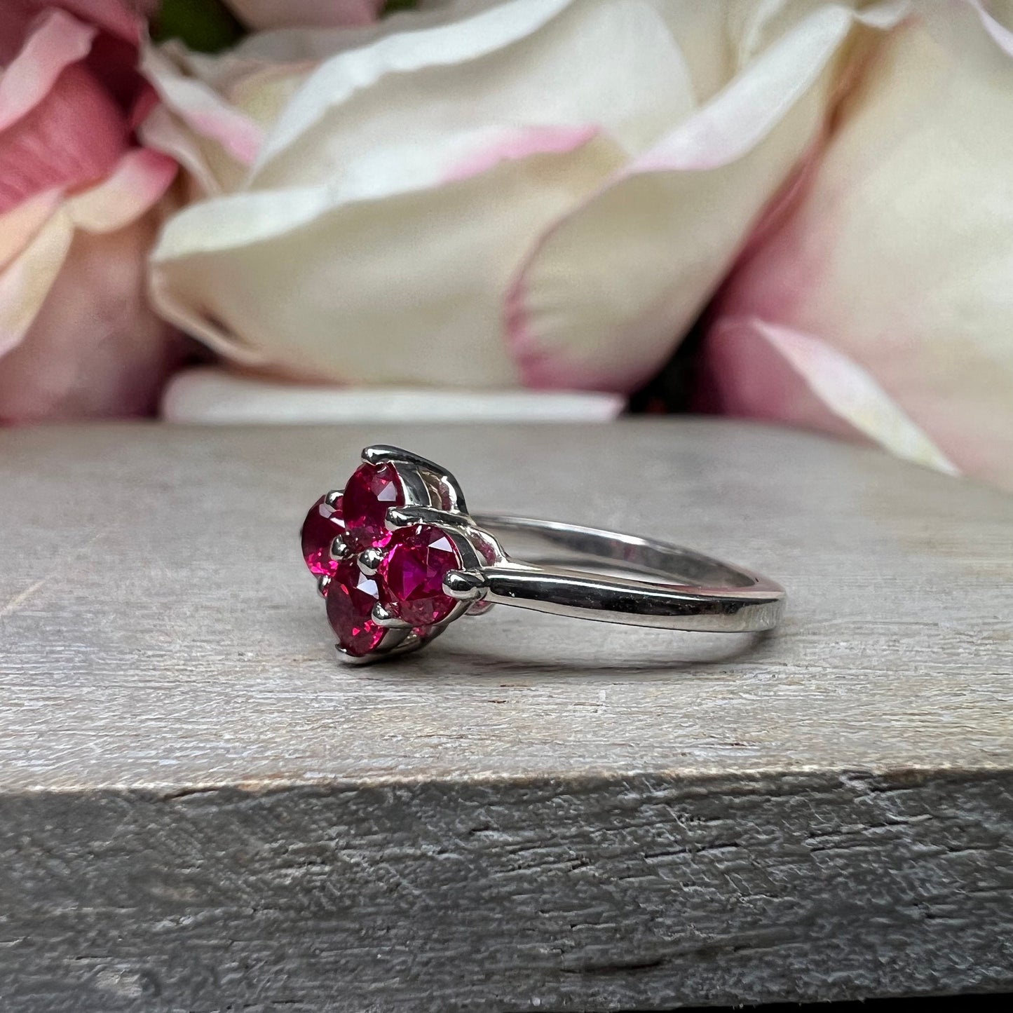 Four Stone Ruby Ring 14K Solid White Gold, Ruby Promise Ring For Ladies Unique Ruby Engagement Ring, Unique Cross Ruby Ring For Women,#6872