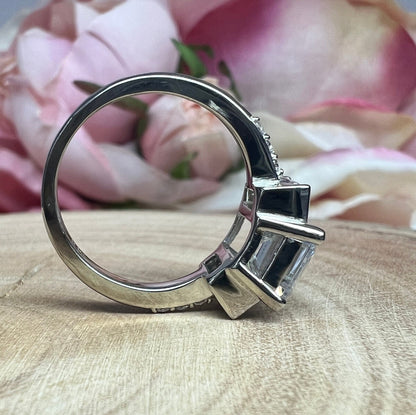 Moissanite Emerald Cut Engagement Ring With Emerald Cut Sides And Round Accents, Three Stone Engagement Ring, 14K White Gold #4660 #6883