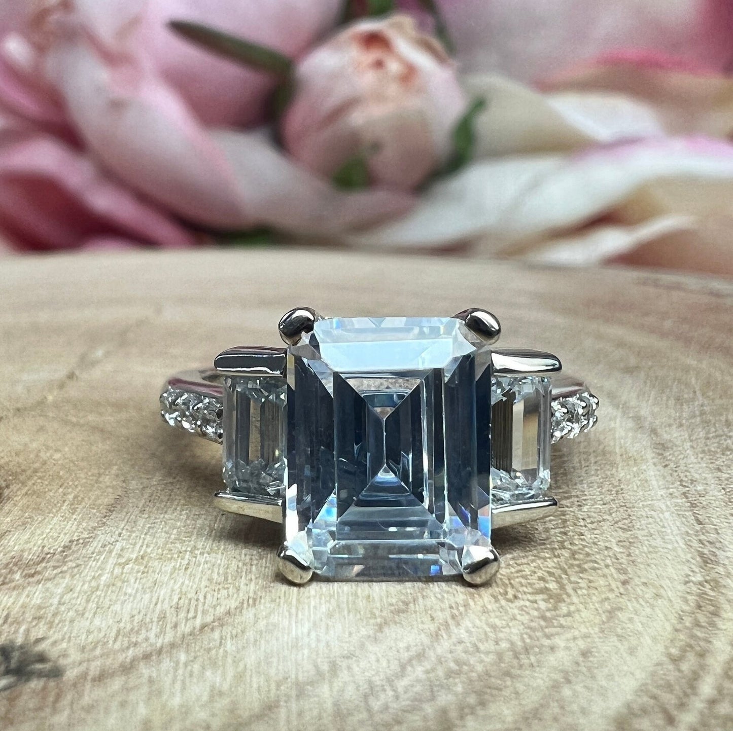 Moissanite Emerald Cut Engagement Ring With Emerald Cut Sides And Round Accents, Three Stone Engagement Ring, 14K White Gold #4660 #6883