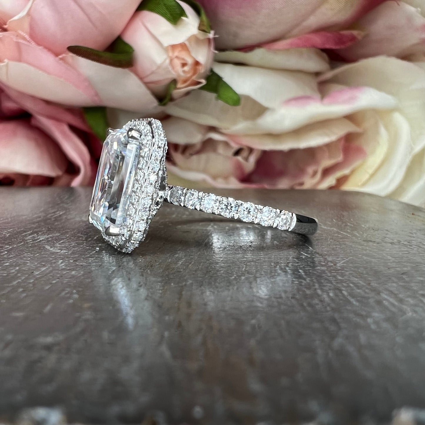 Emerald cut Moissanite engagement ring set 14k white gold Unique Art deco Cluster engagement ring vintage Bridal Anniversary ring  #7499