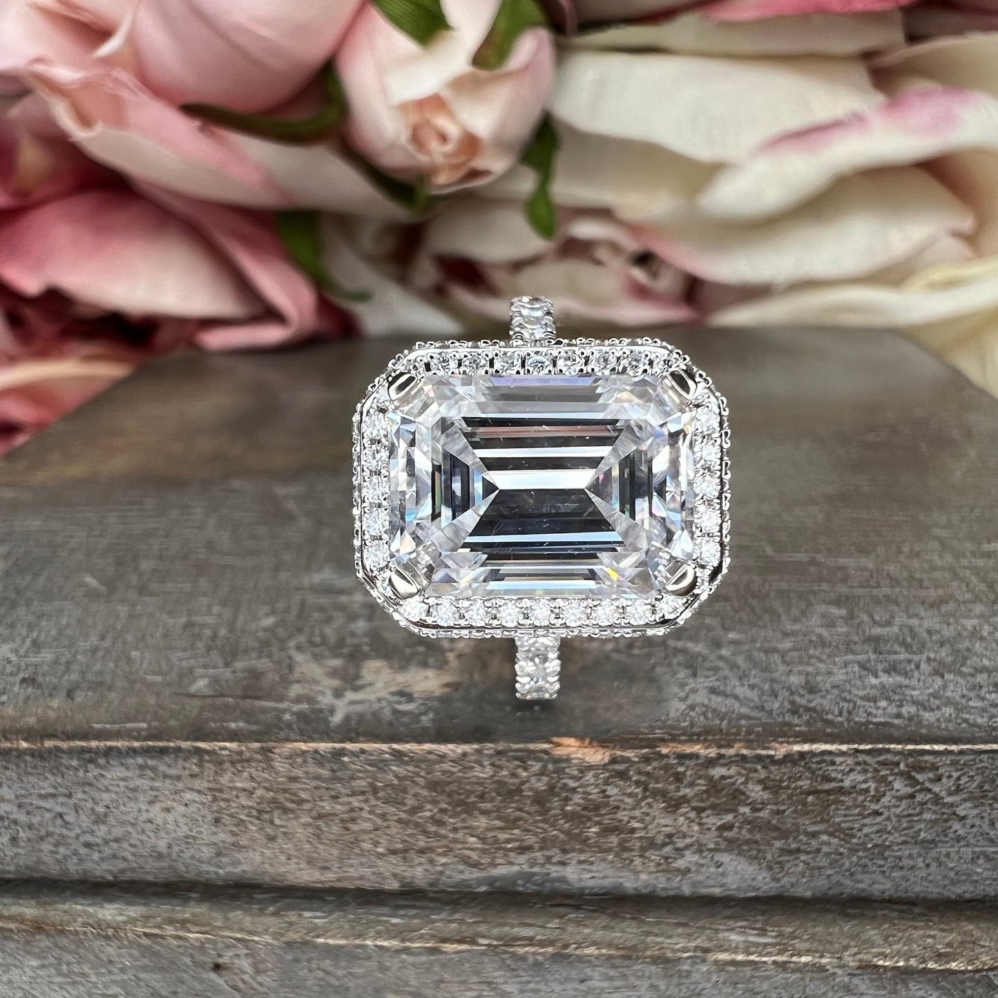 Emerald cut Moissanite engagement ring set 14k white gold Unique Art deco Cluster engagement ring vintage Bridal Anniversary ring  #7499