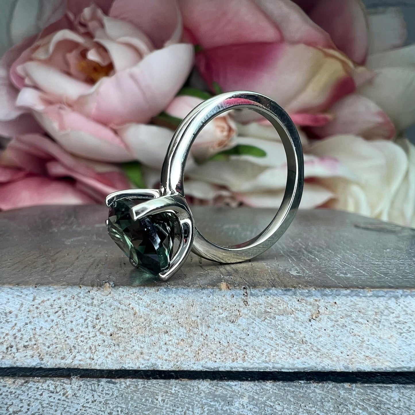 Pear Shaped, green sapphire engagement ring 14k white gold, Pear solitaire wedding ring, Single Stone pear shape white sapphire rings  #7501