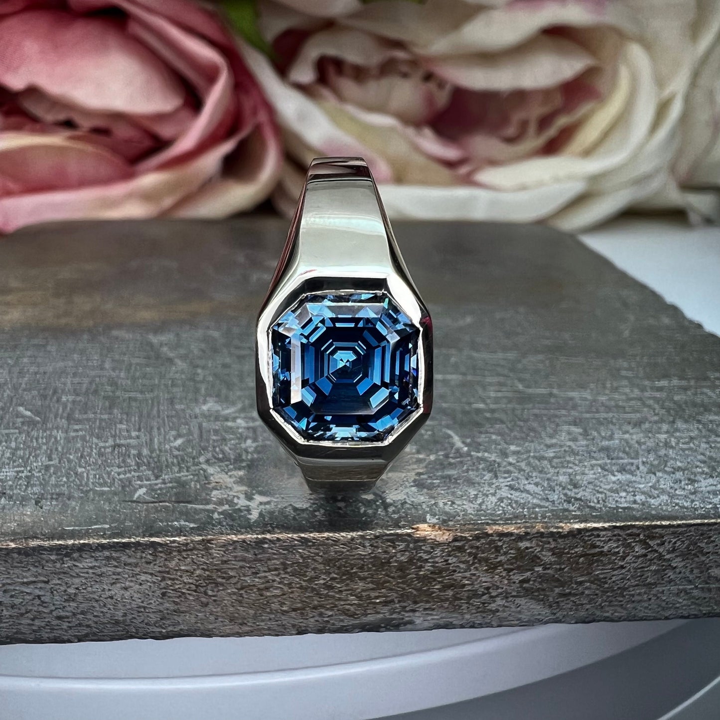 Mens moissanite diamond wedding ring 14k white gold, unique moissanite mens ring, asscher cut mens anniversary gift, mans band ring,   #7505