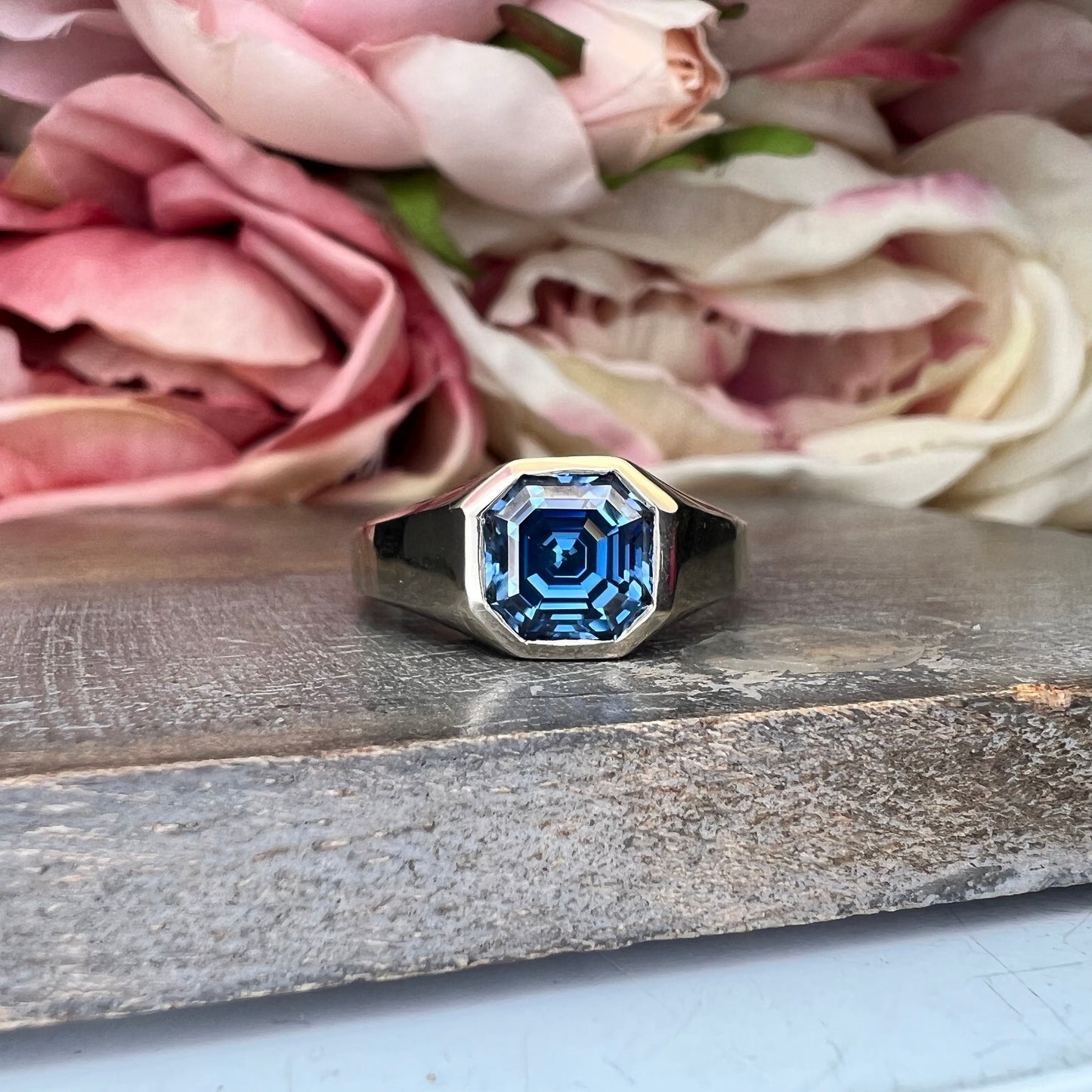 Mens moissanite diamond wedding ring 14k white gold, unique moissanite mens ring, asscher cut mens anniversary gift, mans band ring,   #7505