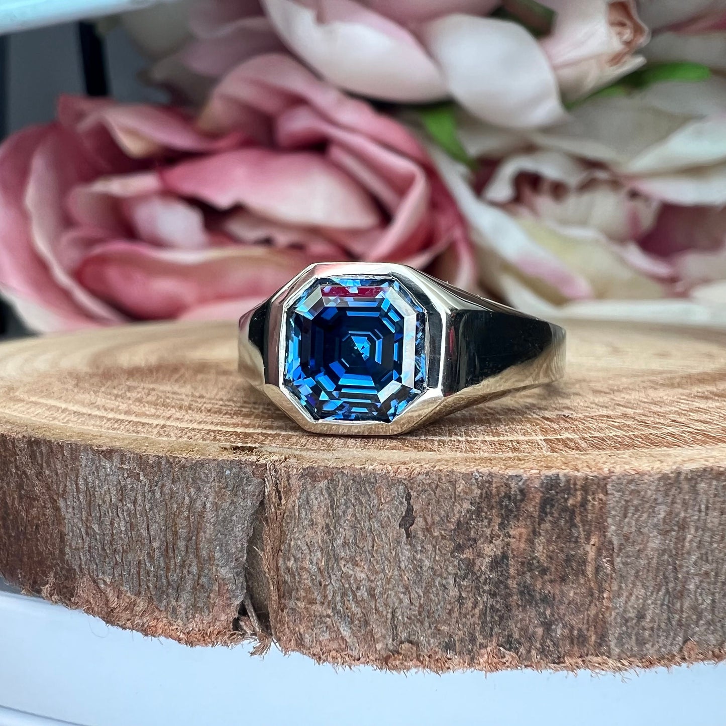 Mens moissanite diamond wedding ring 14k white gold, unique moissanite mens ring, asscher cut mens anniversary gift, mans band ring,   #7505