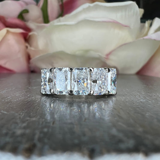 Radiant Cut Moissanite Wedding Band, Five Stone Radiant Cut Moissanite Anniversary Ring For Her, 14k White Gold Moissanite Ladies Band #7101