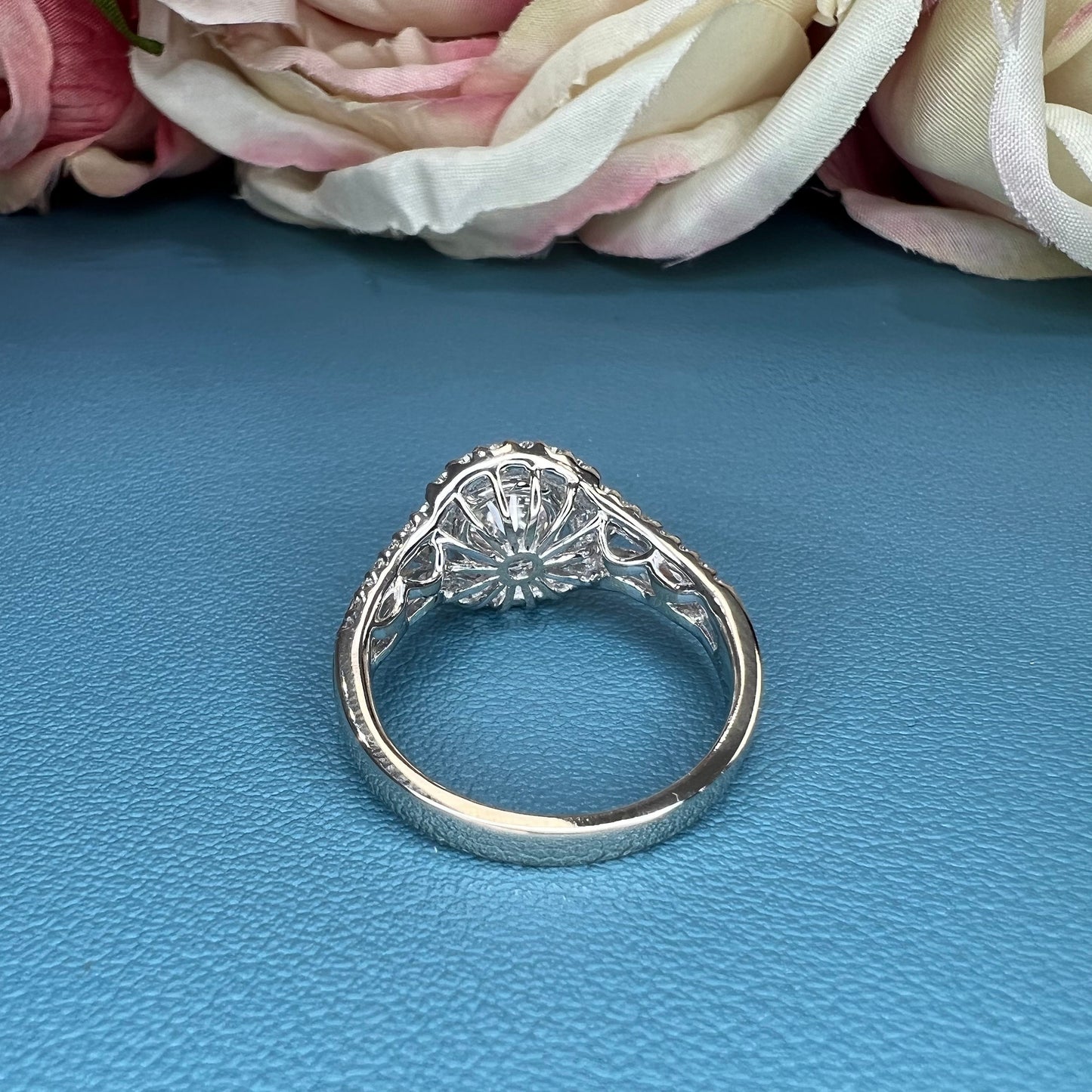 Round moissanite engagement ring 14k gold, unique vintage Moissanite wedding ring, three stone promise ring, split shank cluster ring,  #802