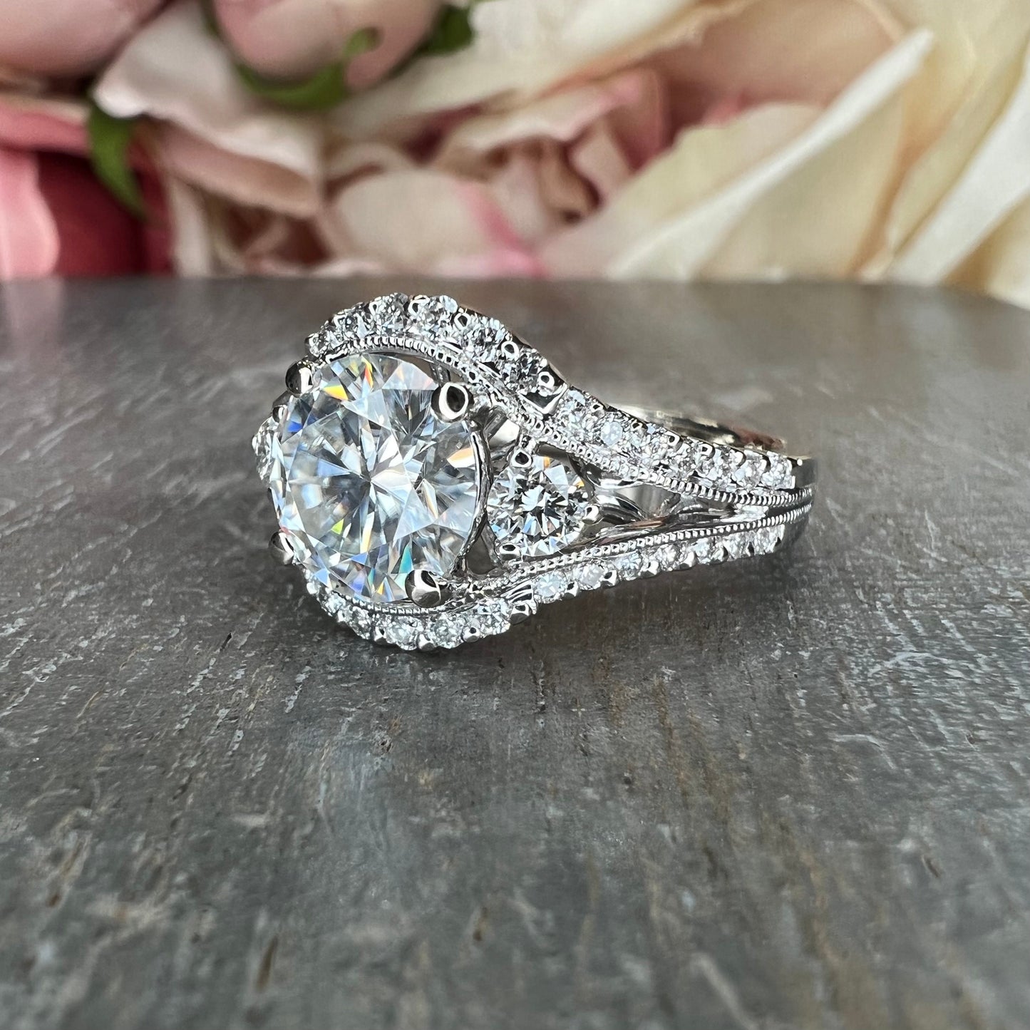Round moissanite engagement ring 14k gold, unique vintage Moissanite wedding ring, three stone promise ring, split shank cluster ring,  #802
