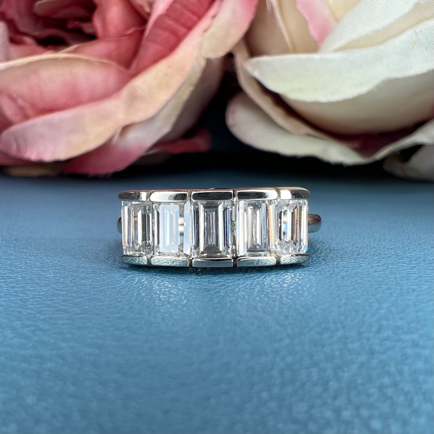 Five stone emerald cut moissanite mothers ring 14k white gold, Family birthstone ring, Multi birthstone rings for mom, Moissanite ring #7513
