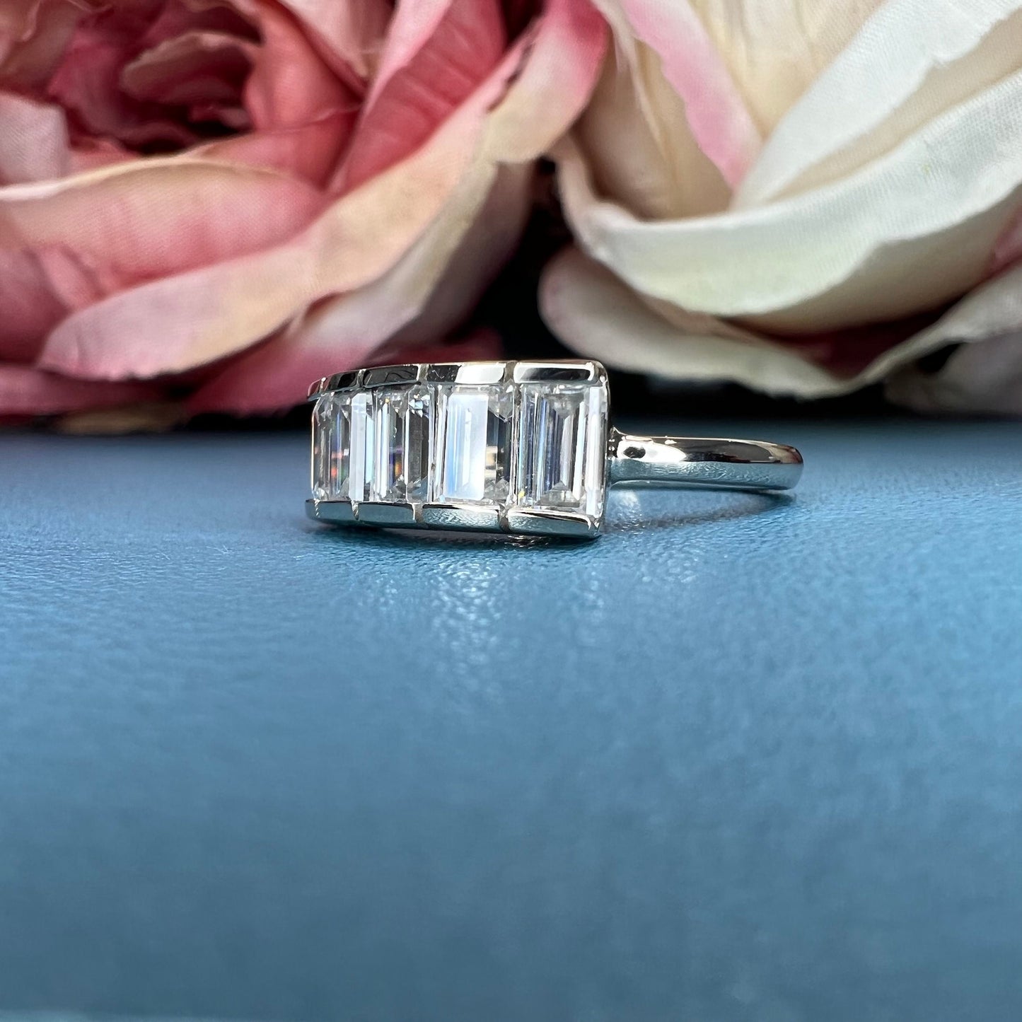 Five stone emerald cut moissanite mothers ring 14k white gold, Family birthstone ring, Multi birthstone rings for mom, Moissanite ring #7513