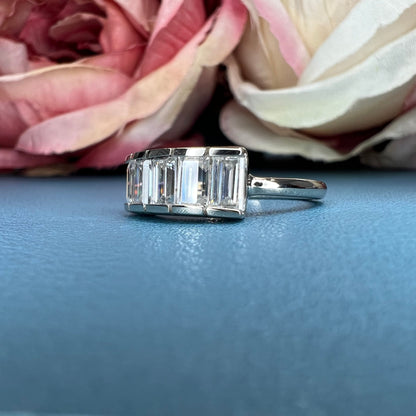 Five stone emerald cut moissanite mothers ring 14k white gold, Family birthstone ring, Multi birthstone rings for mom, Moissanite ring #7513