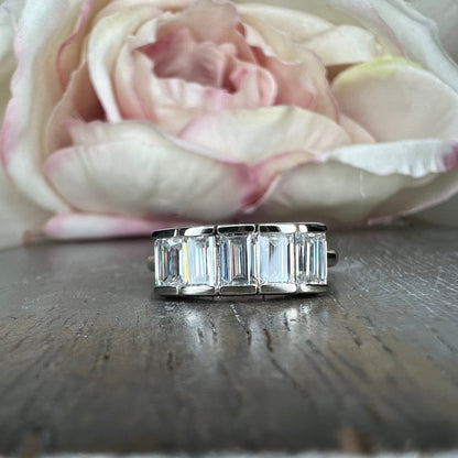 Five stone emerald cut moissanite mothers ring 14k white gold, Family birthstone ring, Multi birthstone rings for mom, Moissanite ring #7513