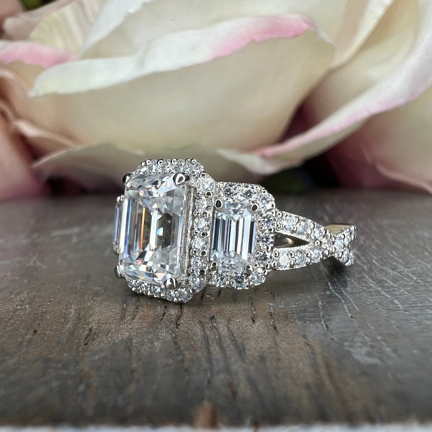 Emerald cut moissanite engagement ring 14K white gold, three stone moissanite wedding ring, Unique vintage style halo engagement ring, #7514