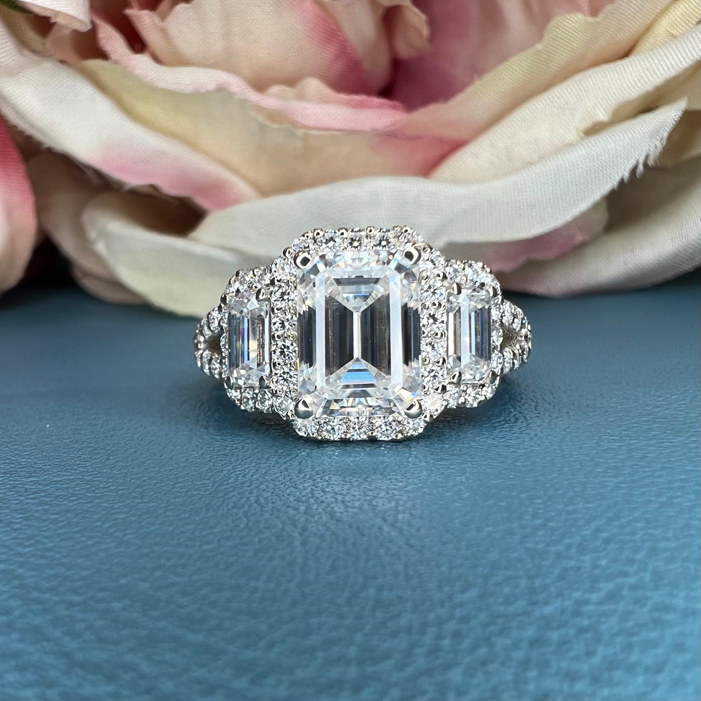 Emerald cut moissanite engagement ring 14K white gold, three stone moissanite wedding ring, Unique vintage style halo engagement ring, #7514