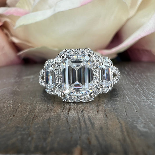 Emerald cut moissanite engagement ring 14K white gold, three stone moissanite wedding ring, Unique vintage style halo engagement ring, #7514