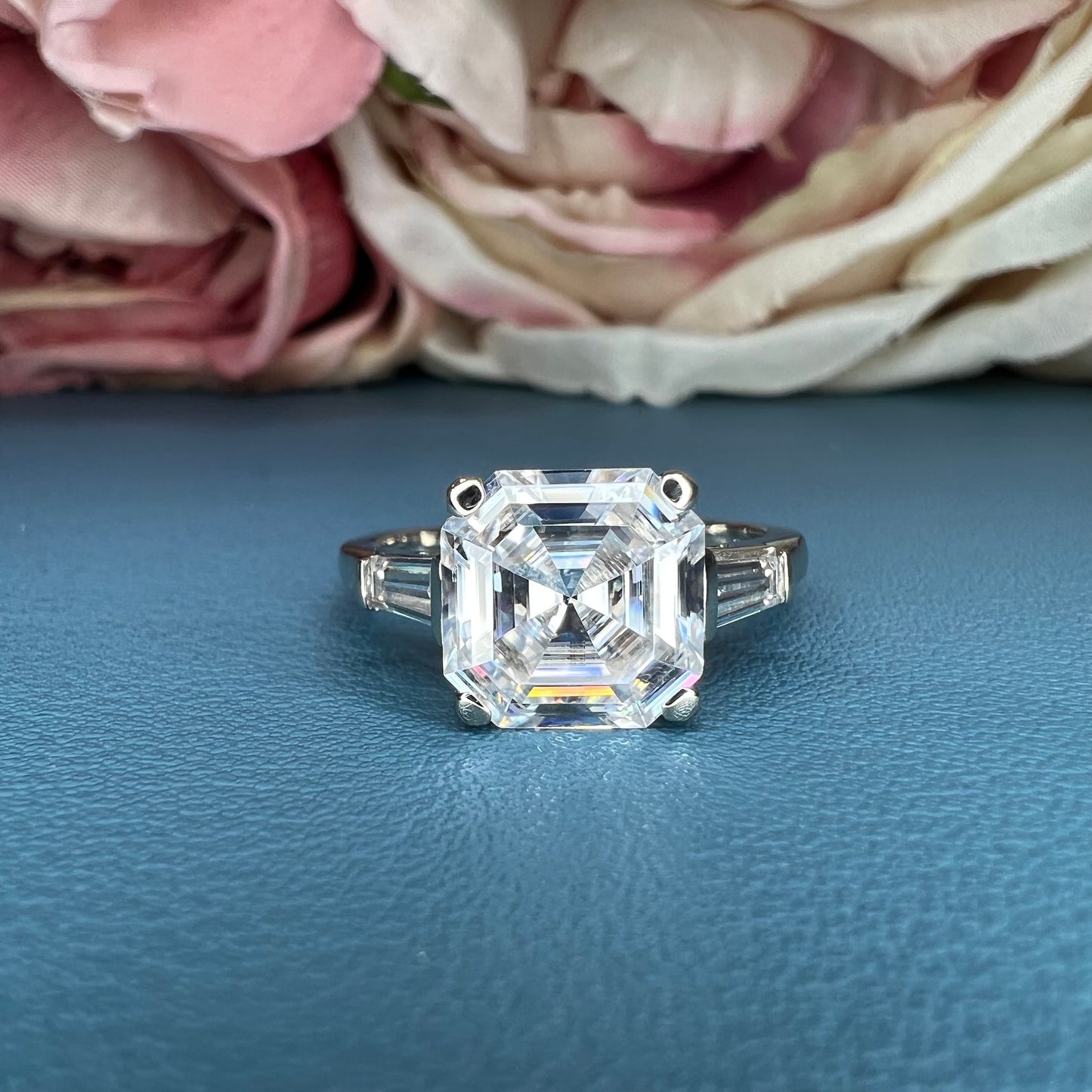 Asscher Cut Moissanite Engagement Ring 14K White Gold Ladies Three Stone Engagement Ring Asscher Shaped Wedding Bridal Promise Ring