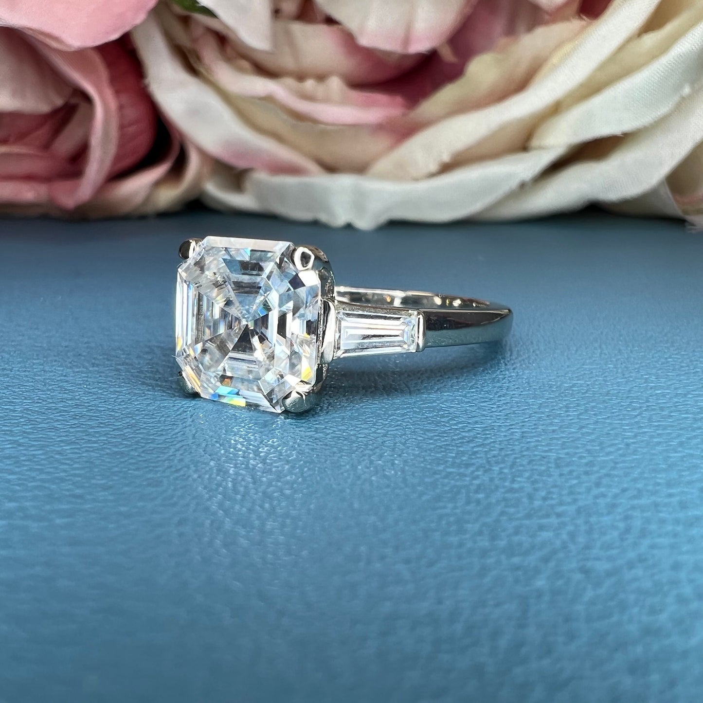 Asscher Cut Moissanite Engagement Ring 14K White Gold Ladies Three Stone Engagement Ring Asscher Shaped Wedding Bridal Promise Ring